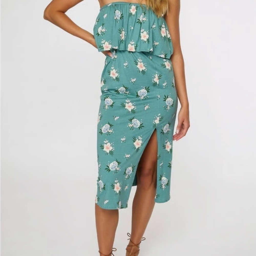 NWT O'Neill Kole Green Floral Midi strapless Dress with side slit